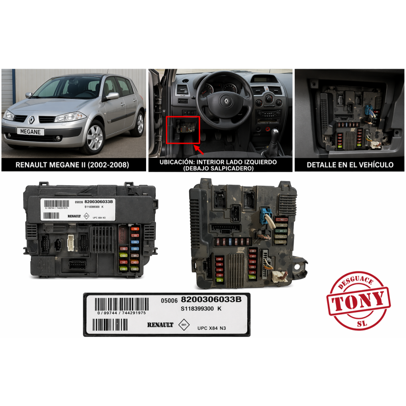 Caixa fusíveis Renault Megane II referência 8200306033B módulo UCH BSI,bng