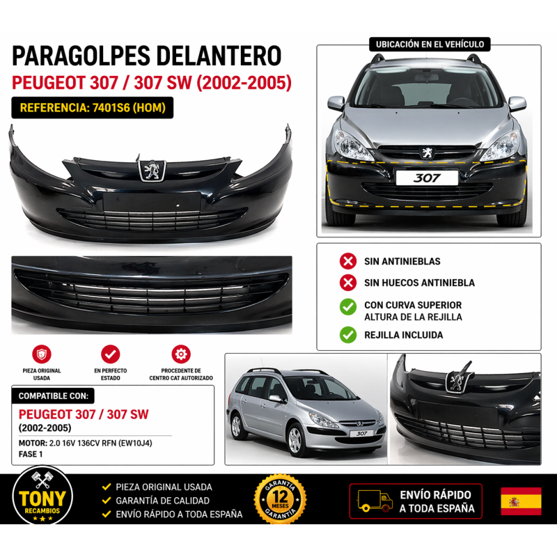 Paragolpes Delantero Peugeot 307 SW 2.0 16V 136Cv RFN ,BNG