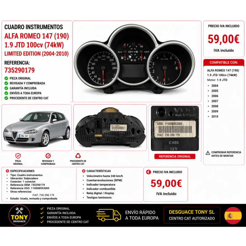 Tableau de bord Alfa Romeo 147 1.9 JTD 100cv 2004-2010 référence 735290179.jpg