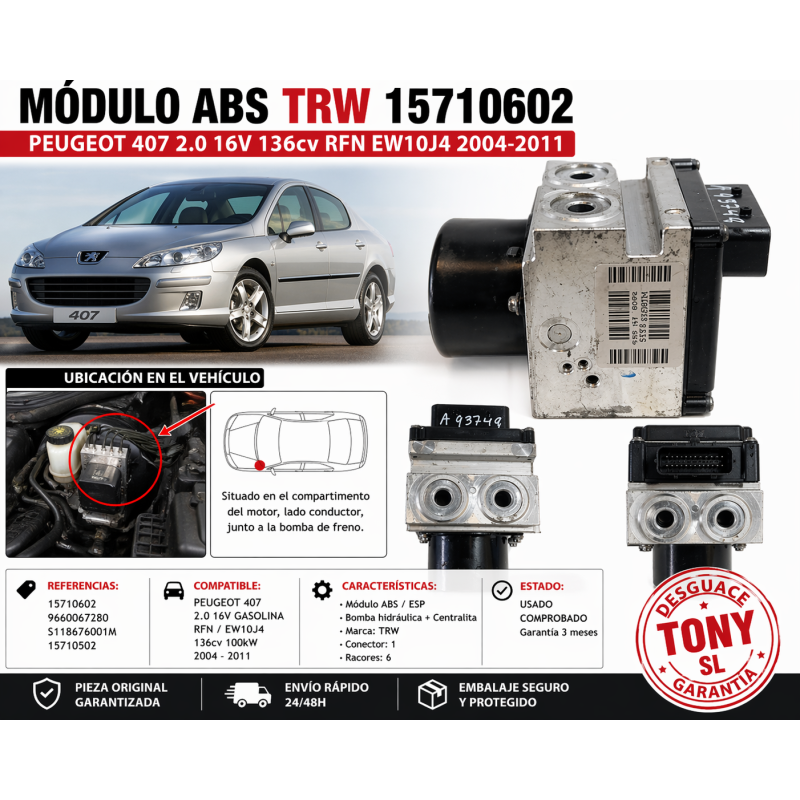 Módulo ABS TRW referencia 15710602 compatible con Peugeot 407 equipado con motor 2.0 16V gasolina (RFN / EW10J4).bng