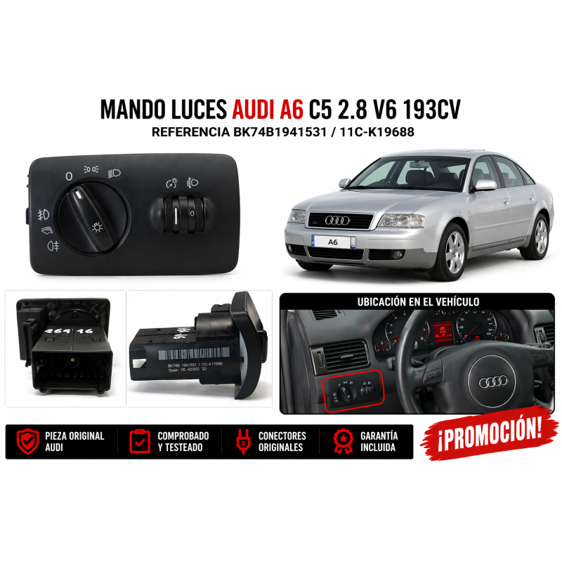 Interruptor de luzes Audi A6 C5 2.8 V6 193cv 2001-2005 referência BK74B1941531 11C-K19688.BNG