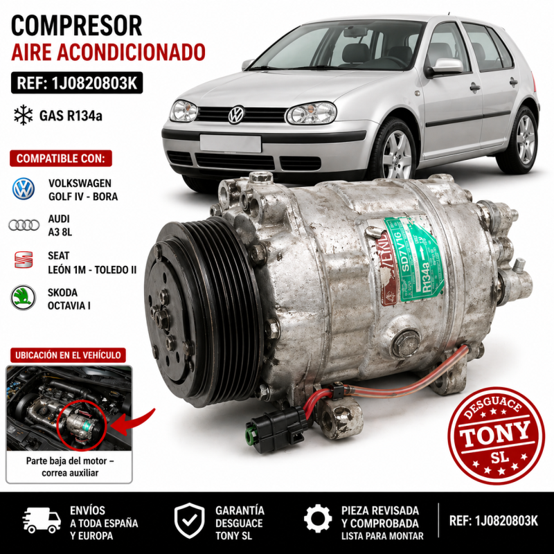 Compressore per climatizzatore per Volkswagen Golf IV 1J 1.9 TDI 90-130 CV, codice ricambio 1J0820803K.BNG