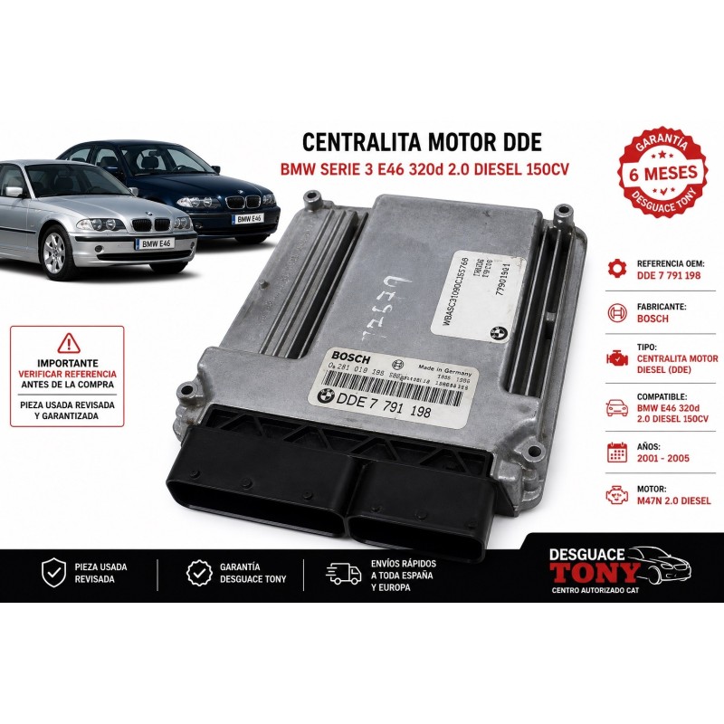 Centralina Motore Bmw E46 320d Diesel 150cv / 110kW M47 D20 (204D4), Anno dal 2001-2005 Riferimento DDE7791190281010565