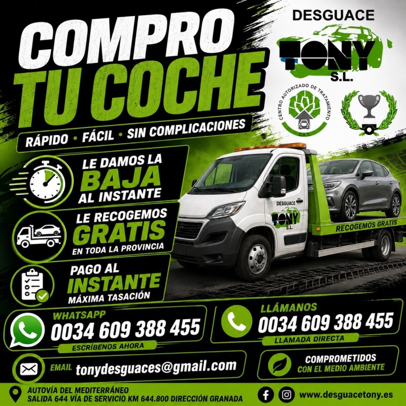 Compro tu coche en Murcia | Baja inmediata y recogida gratis | Desguace Tony SL