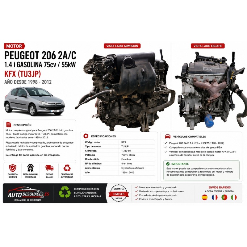 Moteur Peugeot 206 2A/C 1.4 i Essence 75cv / 55kW KFX (TU3JP), Année de 1998 - 2012