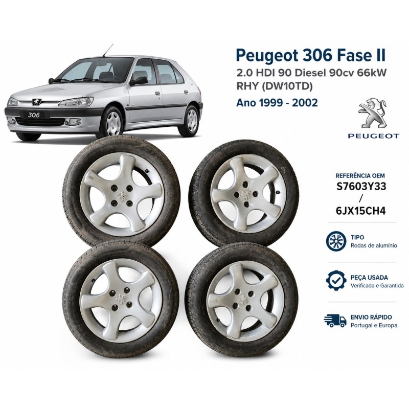 Quatro rodas de alumínio Peugeot 306 Fase II 2.0 HDI 90 Diesel 90cv 66kW RHY (DW10TD), Ano 1999 - 2002 Referência S7603Y33 \ 6JX