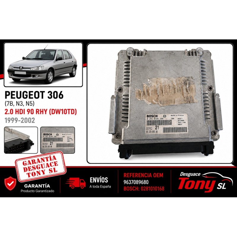 Unidade de controle do motor Peugeot 306 (7B, N3, N5 1999-2002 2.0 HDI 90 RHY (DW10TD Referência 9637089680 EDC15C2