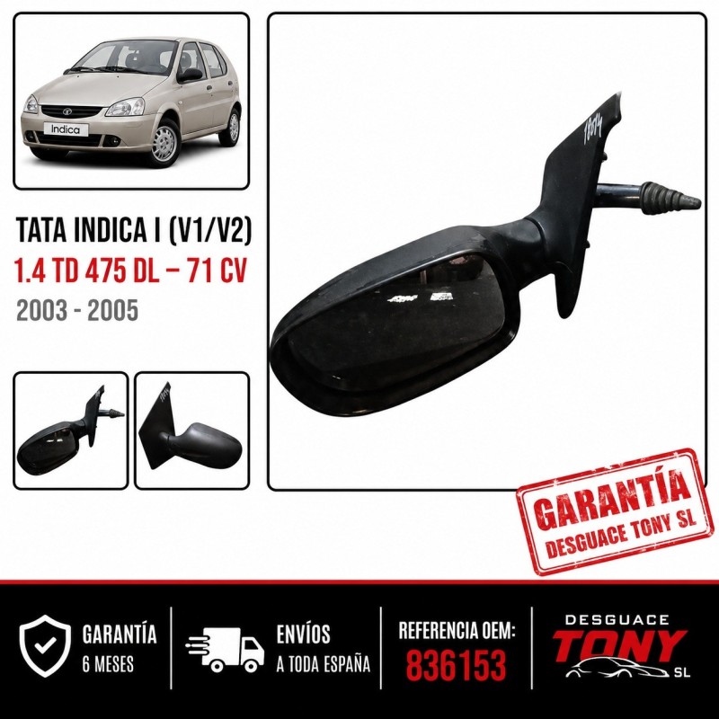 Retrovisor esquerdo manual original Tata Indica I (V1/V2) 1.4 TD 71CV motor 475 DL. Referência OEM 836153. Peça usada revista e