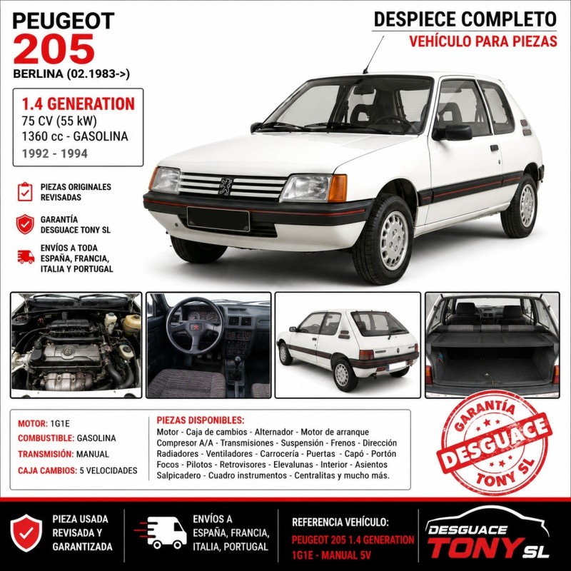 Despiece Completo Peugeot 205 Berlina 1.4 Generation 75 CV 1360 cc Motor 1G1E Caja Manual 5V (1992-1994)