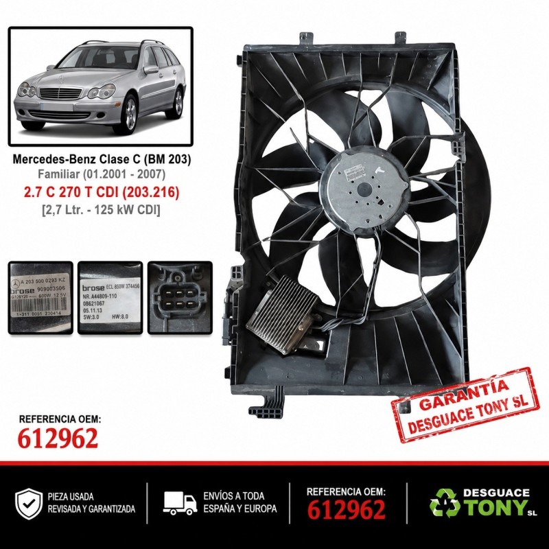ventilateur-de-refroidissement-avec-cadre-mercedes-classe-c-s203-c-270-t-cdi-170-ch-om612962-reference-a2035000293.JPG