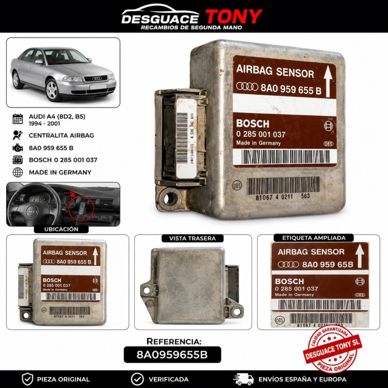 Unidade de controle do airbag Referência Audi 8A0959655B BOSCH 0285001037