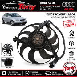 Eletroventilador do radiador original usado para Audi A3 8L 1.9 TDI 110 CV motor AHF. Peça revista e verificada pela Desguace To