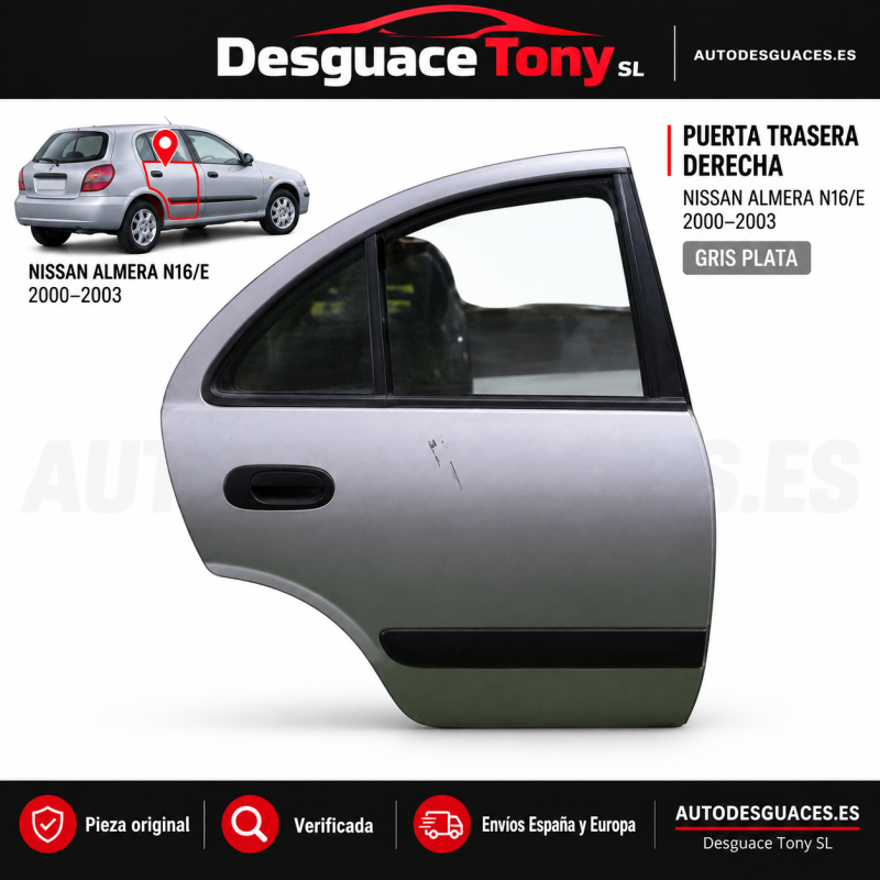 Porte arrière droite Nissan Almera (N16/E)(01.2000-2003 couleur gris argent
