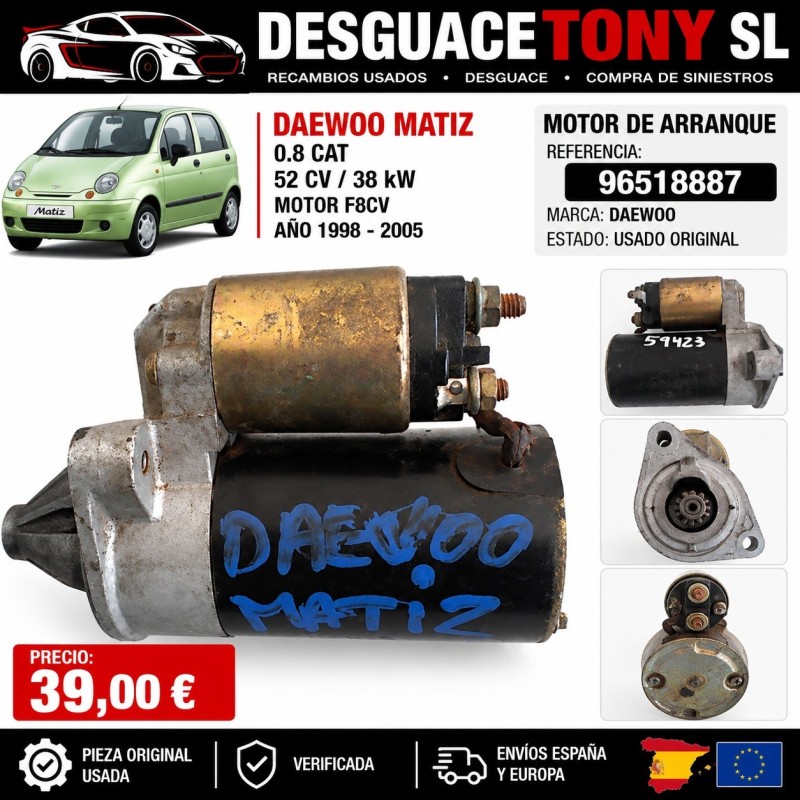 Motor de Arranque Daewoo Matiz 0.8 Gasolina 52 CV F8CV Ref. 96518887 Original Usado