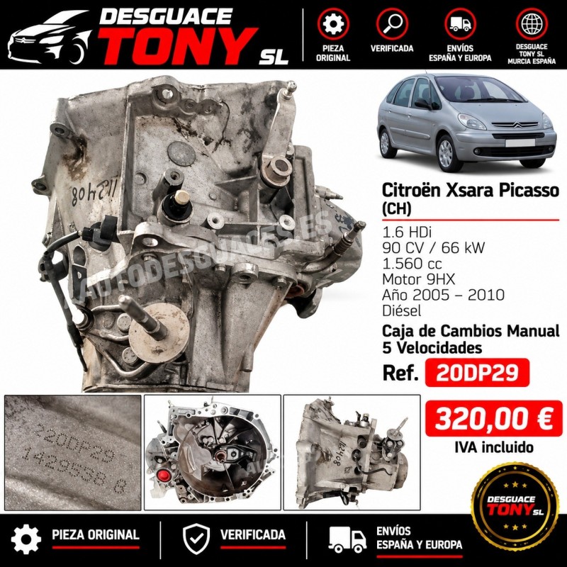 Caja Cambios Manual 5V Citroën Xsara Picasso 1.6 HDi 90CV Motor 9HX 2005-2010 Ref. 20DP29 Original